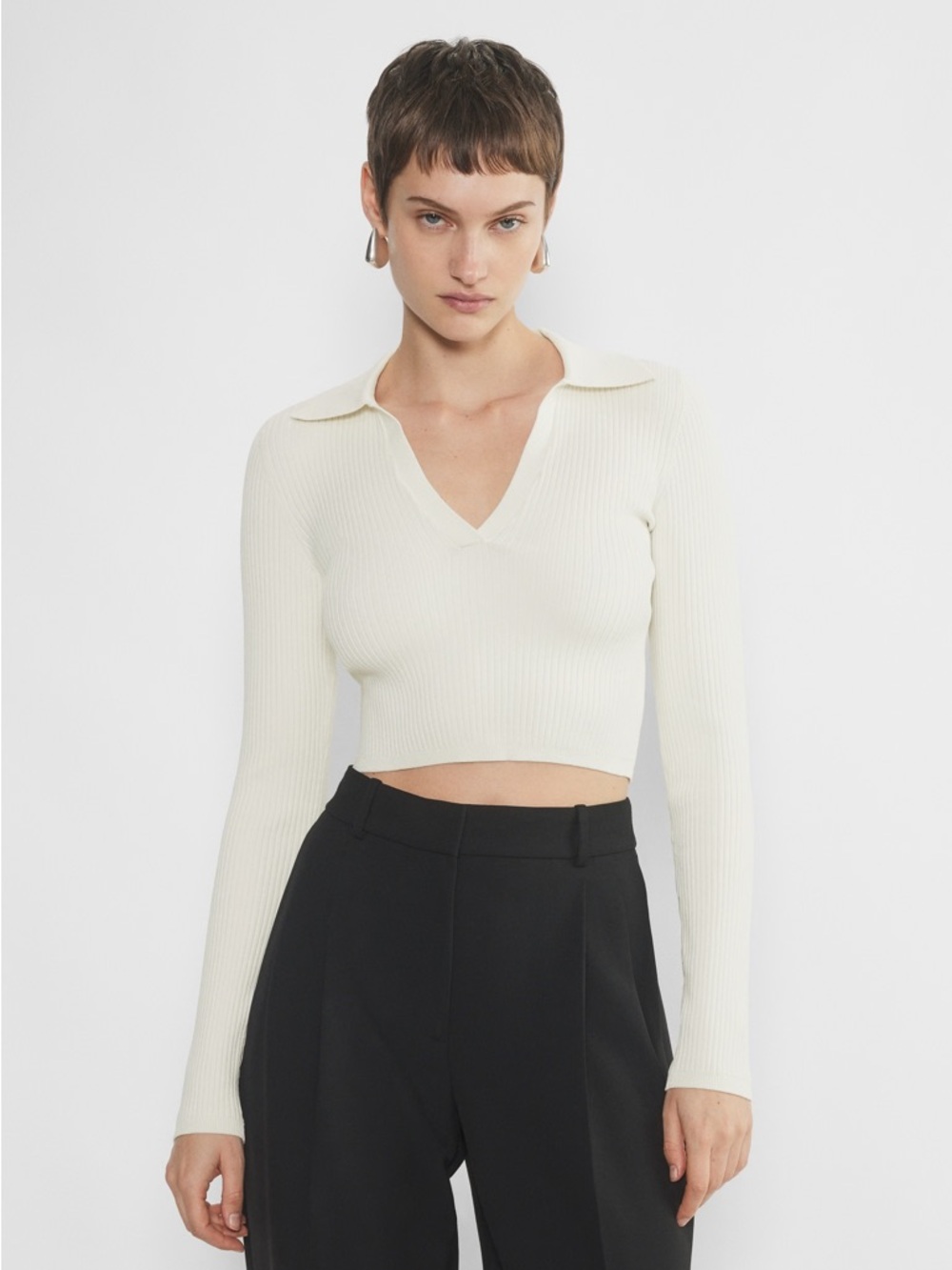 Divided Cropped Ribbed Polo Sweater in Cream